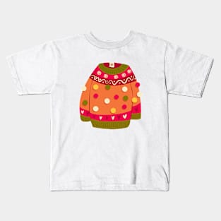 Cute vibrant hand drawn sweater with winter decoration and pom-poms. Colorful holiday vector illustration. Kids T-Shirt